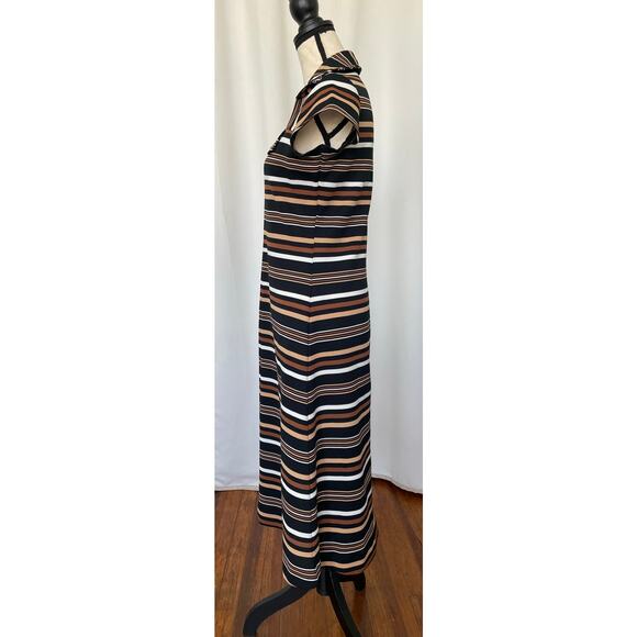 Vintage 60'-70's Brown Striped A-line Midi Twee Dress Size S / M V-Neck - Picture 3 of 10